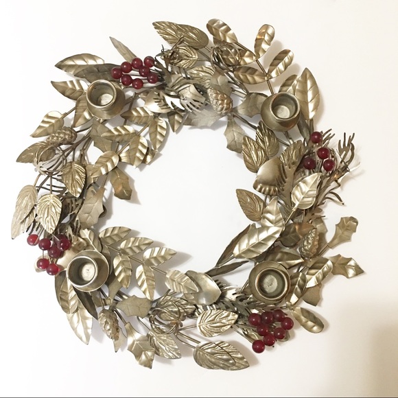 Advent wreath candle holder silver metal leaves